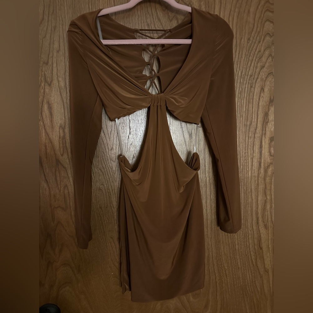 Brown silky dress, opening on sides and back, cross ties in the back. Size M